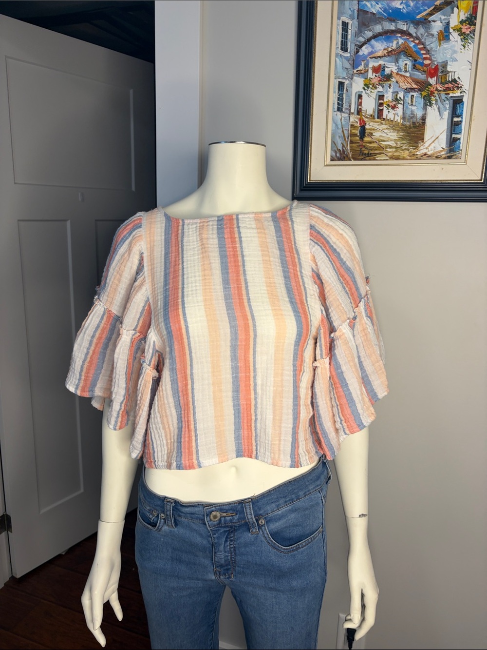 Striped Ruffle Sleeve Cropped Top - White/Peach/Blue